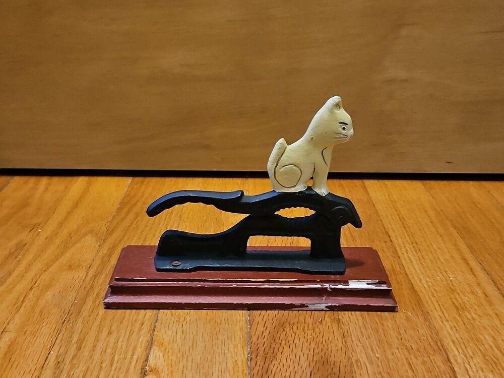 Vintage Cast Iron White Cat Nutcracker On Wooden Base